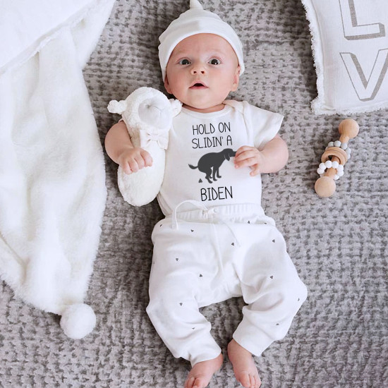 Hold On - Slidin' A Biden Onesie - Political Humor - Short Sleeve - Organic Cotton - Infant Bodysuit